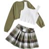 imageOYOANGLE Girls 3 Piece Outfit Tank Top and Plaid Pleated Skirt with High Low Hem Crop Shirt SetMulticolor