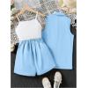 imageOYOANGLE Girls 3 Piece Outfits Suit Set Button Sleeveless Blazer Vest and Ribbed Cami Top with Pleated ShortsBlue