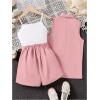 imageOYOANGLE Girls 3 Piece Outfits Suit Set Button Sleeveless Blazer Vest and Ribbed Cami Top with Pleated ShortsDusty Pink