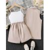 imageOYOANGLE Girls 3 Piece Outfits Suit Set Button Sleeveless Blazer Vest and Ribbed Cami Top with Pleated ShortsWhite and Khaki