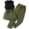 imageOYOANGLE Girls 3 Piece Outfits Tank Top and Paperbag Waist Pants and Belted Shorts Sets with Pockets Cute Clothing SetGreen