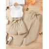 imageOYOANGLE Girls 3 Piece Outfits Tank Top and Paperbag Waist Pants and Belted Shorts Sets with Pockets Cute Clothing SetKhaki