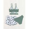 imageOYOANGLE Girls 3 Piece Tropical Print Criss Cross Bikini Set Swimsuit Bathing Suit with ShortsGreen and White