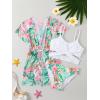 imageOYOANGLE Girls 3 Piece Tropical Print Criss Cross Bikini Swimsuit with Cover Up KimonoGreen Pink