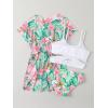 imageOYOANGLE Girls 3 Piece Tropical Print Criss Cross Bikini Swimsuit with Cover Up KimonoGreen Pink