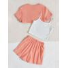 imageOYOANGLE Girls 3 Pieces Summer Outfits Graphic Print Crop Tee Top and Cami Top with Shorts SetCoral Orange