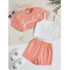 imageOYOANGLE Girls 3 Pieces Summer Outfits Graphic Print Crop Tee Top and Cami Top with Shorts SetCoral Orange