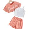 imageOYOANGLE Girls 3 Pieces Summer Outfits Graphic Print Crop Tee Top and Cami Top with Shorts SetCoral Orange