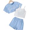 imageOYOANGLE Girls 3 Pieces Summer Outfits Graphic Print Crop Tee Top and Cami Top with Shorts SetLight Blue