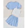 imageOYOANGLE Girls 3 Pieces Summer Outfits Graphic Print Crop Tee Top and Cami Top with Shorts SetLight Blue