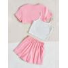 imageOYOANGLE Girls 3 Pieces Summer Outfits Graphic Print Crop Tee Top and Cami Top with Shorts SetLight Pink