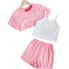 imageOYOANGLE Girls 3 Pieces Summer Outfits Graphic Print Crop Tee Top and Cami Top with Shorts SetLight Pink