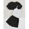 imageOYOANGLE Girls 3 Pieces Summer Outfits Graphic Print Crop Tee Top and Cami Top with Shorts SetWhite and Black