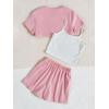 imageOYOANGLE Girls 3 Pieces Summer Outfits Graphic Print Crop Tee Top and Cami Top with Shorts SetWhite and Pink