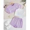 imageOYOANGLE Girls 3 Pieces Summer Outfits Graphic Print Crop Tee Top and Cami Top with Shorts SetWhite and Purple