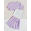 imageOYOANGLE Girls 3 Pieces Summer Outfits Graphic Print Crop Tee Top and Cami Top with Shorts SetWhite and Purple