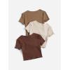 imageOYOANGLE Girls 3Pcs RibKnit Short Sleeve Crop Top Crew Neck Lettuce Trim Crop Tee TopBeige Khaki Brown