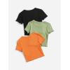 imageOYOANGLE Girls 3Pcs RibKnit Short Sleeve Crop Top Crew Neck Lettuce Trim Crop Tee TopBlack Green Orange