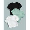 imageOYOANGLE Girls 3Pcs RibKnit Short Sleeve Crop Top Crew Neck Lettuce Trim Crop Tee TopGreen White Black