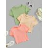 imageOYOANGLE Girls 3Pcs RibKnit Short Sleeve Crop Top Crew Neck Lettuce Trim Crop Tee TopGreen Yellow