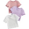 imageOYOANGLE Girls 3Pcs RibKnit Short Sleeve Crop Top Crew Neck Lettuce Trim Crop Tee TopMauve Purple