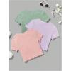 imageOYOANGLE Girls 3Pcs RibKnit Short Sleeve Crop Top Crew Neck Lettuce Trim Crop Tee TopPink Purple Green