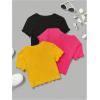 imageOYOANGLE Girls 3Pcs RibKnit Short Sleeve Crop Top Crew Neck Lettuce Trim Crop Tee TopPink Yellow Black