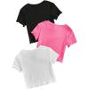 imageOYOANGLE Girls 3Pcs RibKnit Short Sleeve Crop Top Crew Neck Lettuce Trim Crop Tee TopWatermelon Pink
