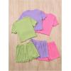 imageOYOANGLE Girls 6 Piece Outfits Crew Neck Short Sleeve Lettuce Trim Tee Shirt and Shorts SetsMulticolor