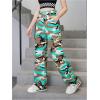 imageOYOANGLE Girls Camo Print Cargo Pants Flap Pocket Mid Waist Wide Leg Casual JeansBrown Multi