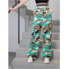 imageOYOANGLE Girls Camo Print Cargo Pants Flap Pocket Mid Waist Wide Leg Casual JeansBrown Multi