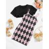 imageOYOANGLE Girls Cute 2 Piece Outfits Print Cami Short Dress with Crop Top Tee SetBlack and Pink