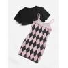 imageOYOANGLE Girls Cute 2 Piece Outfits Print Cami Short Dress with Crop Top Tee SetBlack and Pink