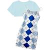 imageOYOANGLE Girls Cute 2 Piece Outfits Print Cami Short Dress with Crop Top Tee SetBlue and White