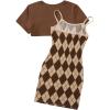 imageOYOANGLE Girls Cute 2 Piece Outfits Print Cami Short Dress with Crop Top Tee SetBrown