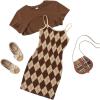 imageOYOANGLE Girls Cute 2 Piece Outfits Print Cami Short Dress with Crop Top Tee SetBrown