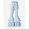 imageOYOANGLE Girls Elastic Waist Flared Leg Denim Pants Raw Trim Bell Bottom Jeans with PocketsLight Blue