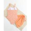 imageOYOANGLE Girls Floral Ruched Side One Piece Swimsuit with Mesh Beach Skirt Cover Up SwimwearOrange