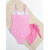 imageOYOANGLE Girls Floral Ruched Side One Piece Swimsuit with Mesh Beach Skirt Cover Up SwimwearPink