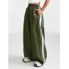 imageOYOANGLE Girls Striped Side Cargo Pants Elastic Waist Wide Leg Baggy Trousers Loose Parachute PantsArmy Green