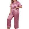 imageOYOANGLE Womens 2 Piece Plus Size Heart Printed Silk Satin Pajama Set Short Sleeve Shirt and Pants Lounge SetsDusty Pink
