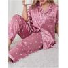 imageOYOANGLE Womens 2 Piece Plus Size Heart Printed Silk Satin Pajama Set Short Sleeve Shirt and Pants Lounge SetsDusty Pink