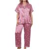 imageOYOANGLE Womens 2 Piece Plus Size Heart Printed Silk Satin Pajama Set Short Sleeve Shirt and Pants Lounge SetsDusty Pink