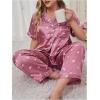 imageOYOANGLE Womens 2 Piece Plus Size Heart Printed Silk Satin Pajama Set Short Sleeve Shirt and Pants Lounge SetsDusty Pink