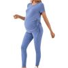 imageOYOANGLE Womens Maternity 2 Piece Outfits Drawstring Ruched Short Sleeve Ribbed Tee Top ampamp Leggings Pregnancy Lounge SetLight Blue
