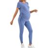 imageOYOANGLE Womens Maternity 2 Piece Outfits Drawstring Ruched Short Sleeve Ribbed Tee Top ampamp Leggings Pregnancy Lounge SetLight Blue