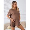 imageOYOANGLE Womens Maternity 2 Piece Outfits Short Sleeve Split Hem Tee Shirt and Shorts SetBrown