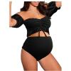 imageOYOANGLE Womens Maternity 2 Pieces High Waist Off Shoulder Ruffle Hem Bikini Set Swimsuit Pregnancy SwimwearBlack