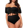 imageOYOANGLE Womens Maternity 2 Pieces High Waist Off Shoulder Ruffle Hem Bikini Set Swimsuit Pregnancy SwimwearBlack
