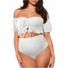 imageOYOANGLE Womens Maternity 2 Pieces High Waist Off Shoulder Ruffle Hem Bikini Set Swimsuit Pregnancy SwimwearWhite